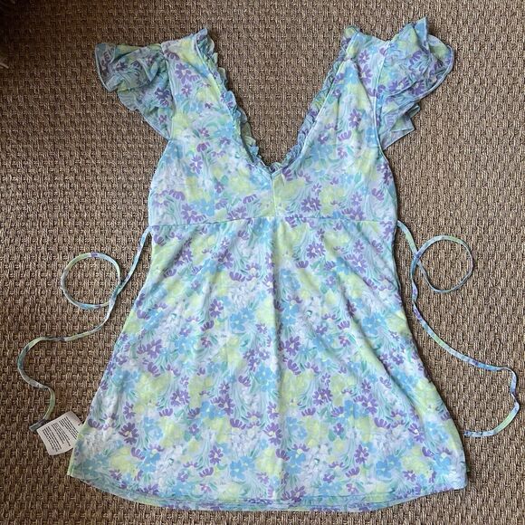 ASOS Mesh Mini Tea Dress Ruffle Sleeve Blue Floral Sz 14 Whimsy Fairy Cottage - Picture 3 of 6